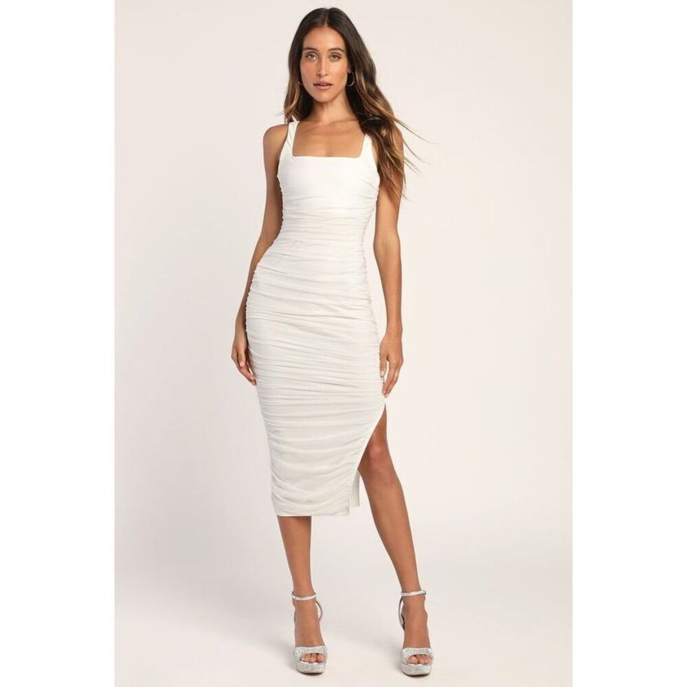 Lulus V.i.p. Treatment White Mesh Ruched Bodycon Midi Dress NEW WITH TAGS